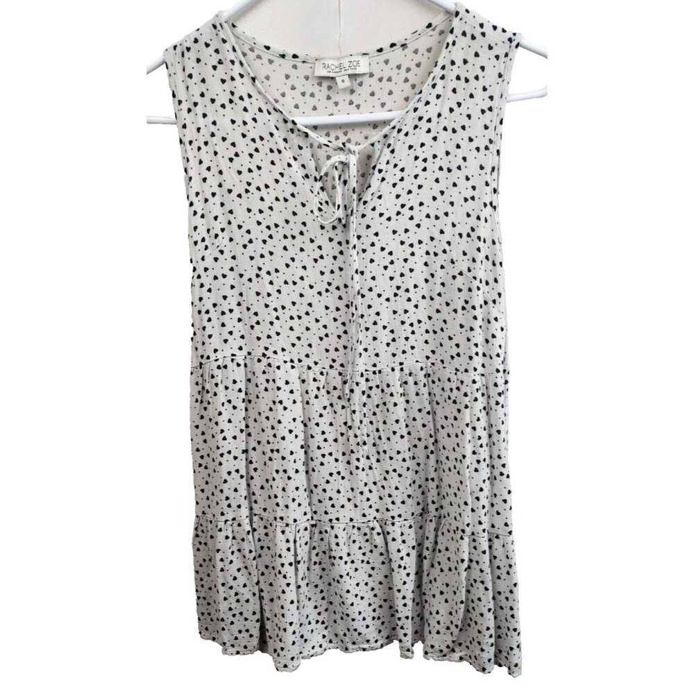 Rachel Zoe Womens Heart Print BOHO Top Small Black White Tiered Sleeveless